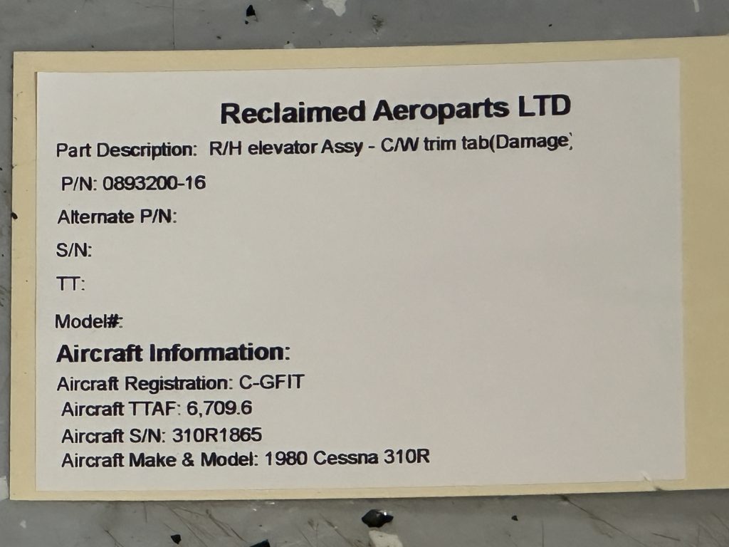 RH ELEVATOR ASSY WITH TRIM TAB (DAMAGED) RH ELEVATOR ASSY WITH TRIM TAB (DAMAGED)